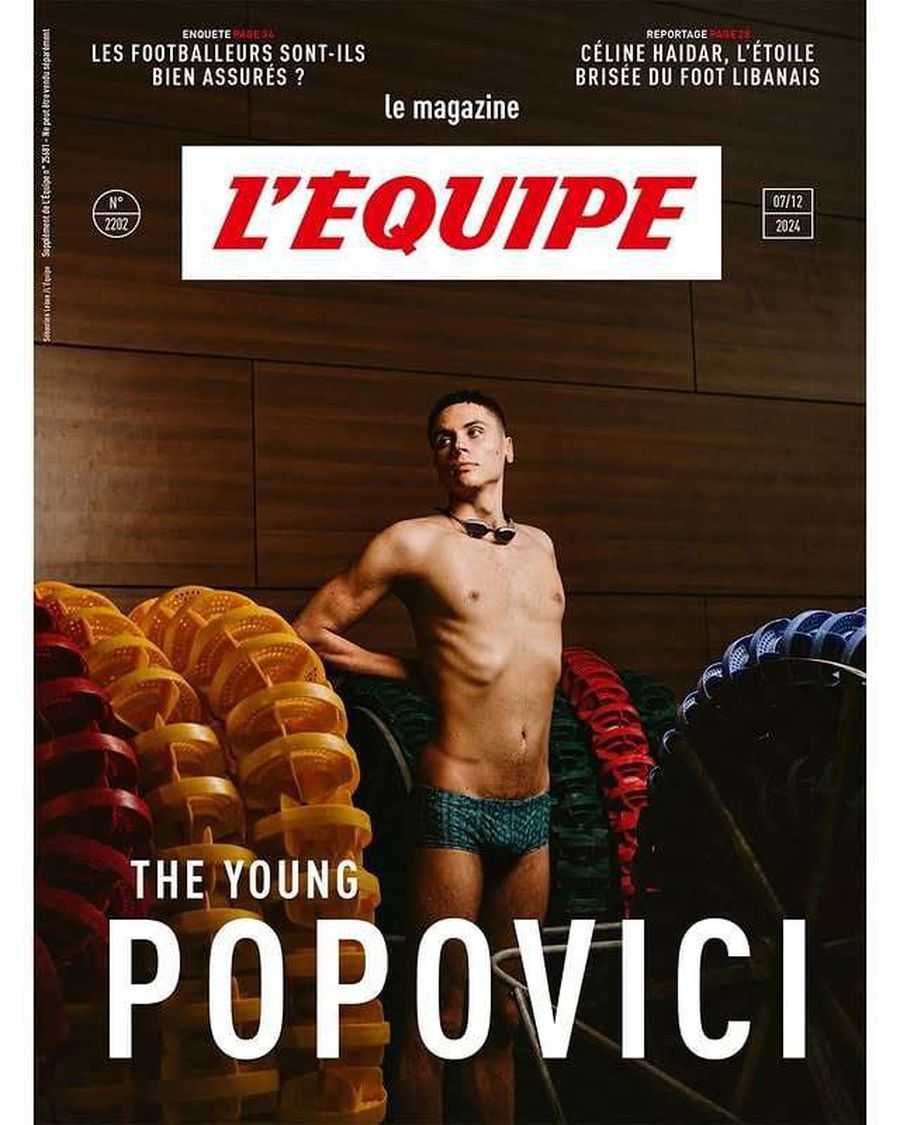 Coperta revistei L'Equipe pe care apare David Popovici David Popovici, pe coperta L'Equipe Magazine într-un reportaj excepțional! Francezii sunt uimiți: „Trage la răspundere clasa politică din România și s-a alăturat vocilor care au manifestat înainte de alegeri”