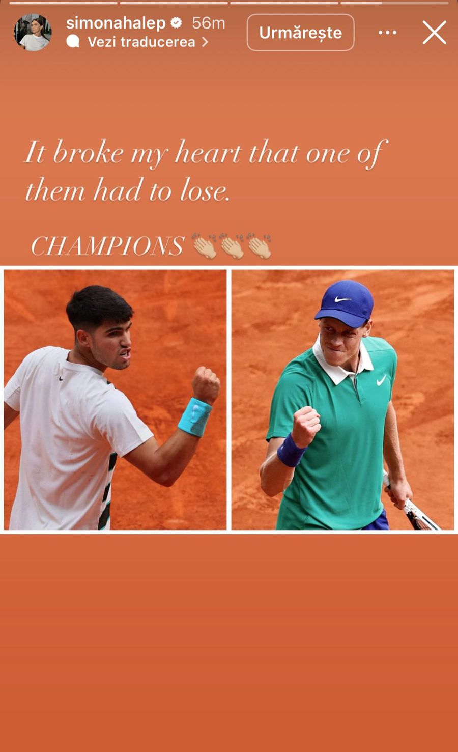 Postarea Simonei Halep, după finala Roland Garros dintre Alcaraz și Sinner „Mi-a frânt inima” » Simona Halep a văzut finala Roland Garros și a reacționat